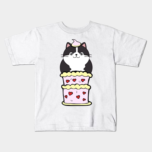Funny fat cat jumping out of a cake Kids T-Shirt by Pet Station